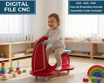 May include: A red wooden ride-on toy with white line details and four small wheels. The digital file includes DXF, SVG, and PDF formats with an assembly guide. Text on the image reads: INSTANT DOWNLOAD, DIGITAL FILE CNC, MOTO CORREPASILLOS / MONTESSORI RIDE-ON.
