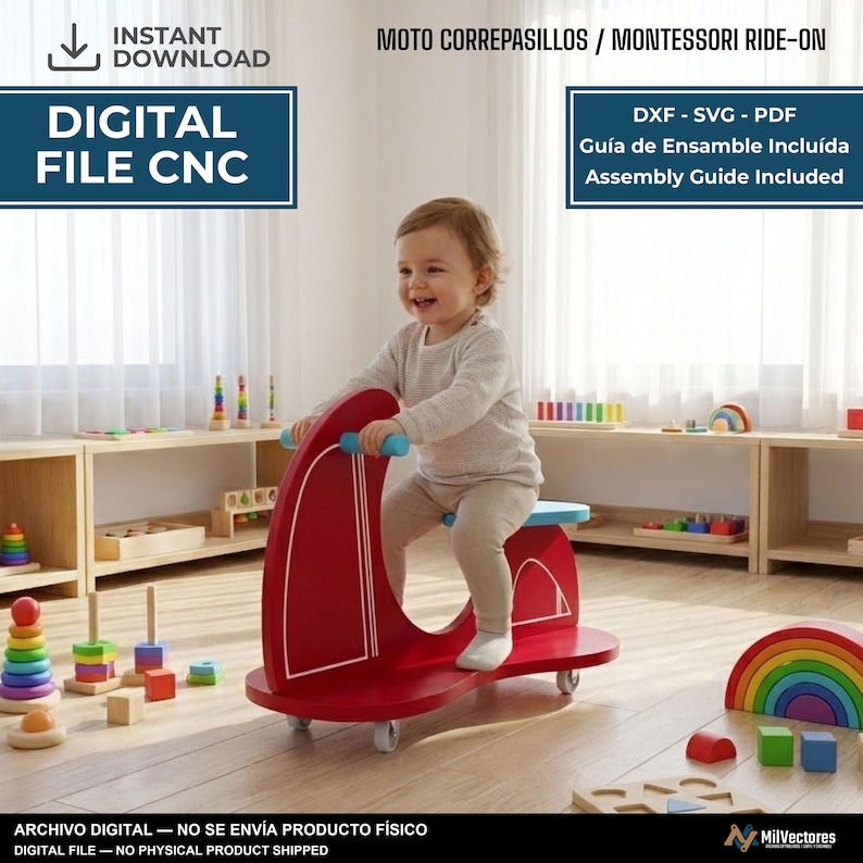 May include: A red wooden ride-on toy with white line details and four small wheels. The digital file includes DXF, SVG, and PDF formats with an assembly guide. Text on the image reads: INSTANT DOWNLOAD, DIGITAL FILE CNC, MOTO CORREPASILLOS / MONTESSORI RIDE-ON.