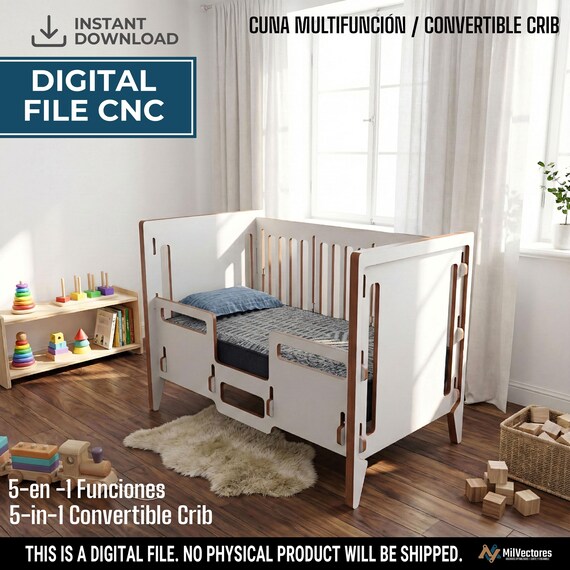 Archivos de corte para CNC, Cuna Multifuncional, 5 en 1, Cuna, Cama transición, Cama, Sillón, Escritorio, dxf, pdf, file cnc