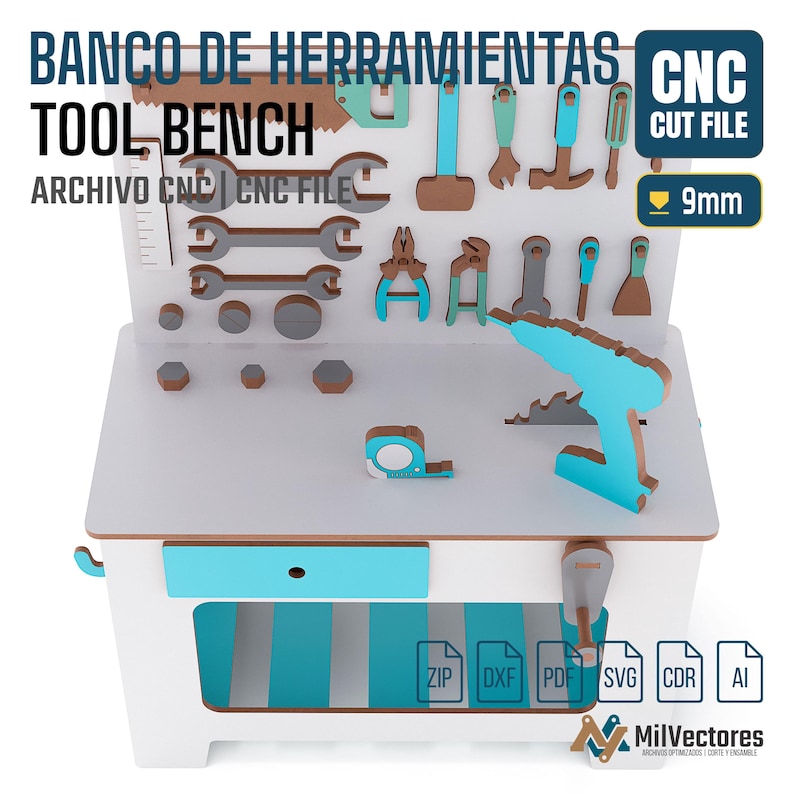 May include: A white and light blue wooden toy tool bench featuring a pegboard back with various hanging tools, a flat work surface with a drill and tape measure, a storage drawer, and a lower shelf. The text reads BANCO DE HERRAMIENTAS TOOL BENCH.