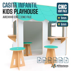 Pu&ograve; includere: Un file di taglio CNC digitale per una casetta da gioco per bambini con struttura bianca, tetto smerlato color turchese, due banconi laterali e due sgabelli rotondi abbinati, con etichette di testo per spessori di 9mm e 6mm.
