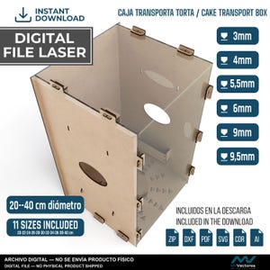 May include: A digital laser file for a cake transport box, featuring a light brown wooden structure with interlocking tabs and oval cutouts. The design includes 11 sizes ranging from 20 to 40 cm in diameter and supports material thicknesses of 3mm to 9.5mm.