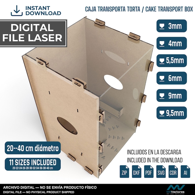 May include: A digital laser file for a cake transport box, featuring a light brown wooden structure with interlocking tabs and oval cutouts. The design includes 11 sizes ranging from 20 to 40 cm in diameter and supports material thicknesses of 3mm to 9.5mm.
