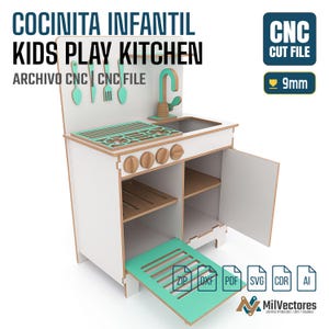 May include: A white and light wood play kitchen CNC cut file with mint green accents, featuring a stovetop, sink, faucet, four knobs, and hanging utensils. The design includes text reading COCINITA INFANTIL KIDS PLAY KITCHEN, CNC CUT FILE, 9mm.