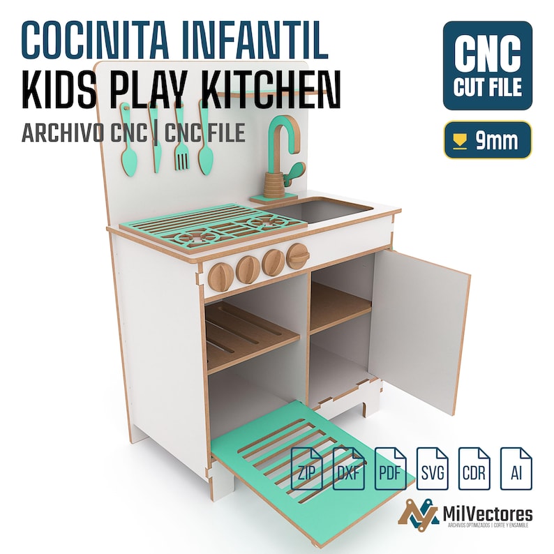 May include: A white and light wood play kitchen CNC cut file with mint green accents, featuring a stovetop, sink, faucet, four knobs, and hanging utensils. The design includes text reading COCINITA INFANTIL KIDS PLAY KITCHEN, CNC CUT FILE, 9mm.