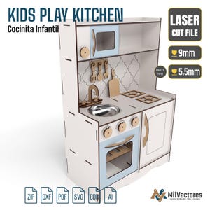 May include: A white and light blue wooden kids play kitchen with a microwave, sink, stove, and oven. The unit features laser cut file details, including 9mm and 5.5mm parts. Text includes KIDS PLAY KITCHEN, Cocinita Infantil, LASER CUT FILE, and MilVectores.