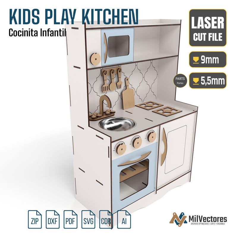 May include: A white and light blue wooden kids play kitchen with a microwave, sink, stove, and oven. The unit features laser cut file details, including 9mm and 5.5mm parts. Text includes KIDS PLAY KITCHEN, Cocinita Infantil, LASER CUT FILE, and MilVectores.