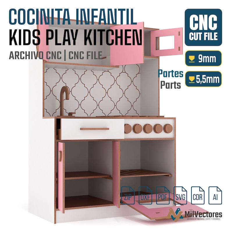 May include: A kids play kitchen CNC cut file featuring white, pink, and wood-toned panels. The unit includes a sink, stove knobs, and open cabinets. Text on the image reads: COCINITA INFANTIL KIDS PLAY KITCHEN, CNC CUT FILE, 9mm, 5.5mm, Partes Parts.