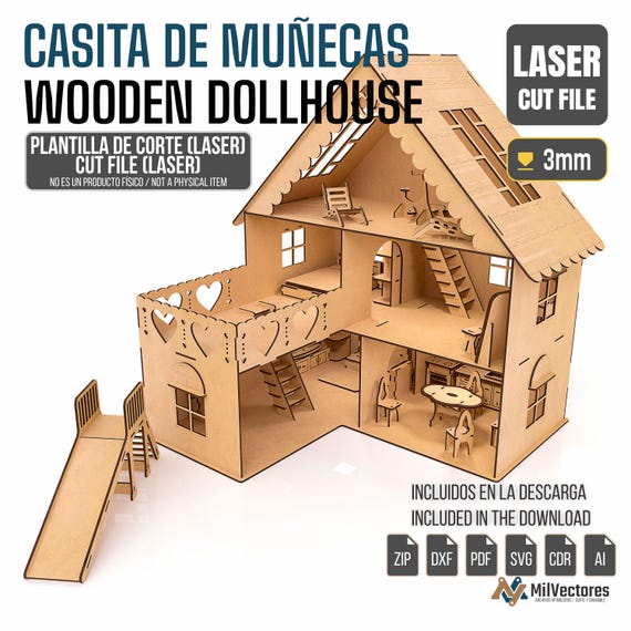 Dollhouse in 3mm MDF With Furniture - Digital File for Laser