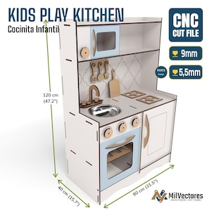 May include: A white and light blue kids play kitchen with a sink, stove, oven, and hanging utensils. The unit measures 120 cm (47.2 inches) high, 80 cm (31.5 inches) wide, and 40 cm (15.7 inches) deep. Text includes KIDS PLAY KITCHEN, CNC CUT FILE, 9mm, and 5.5mm.