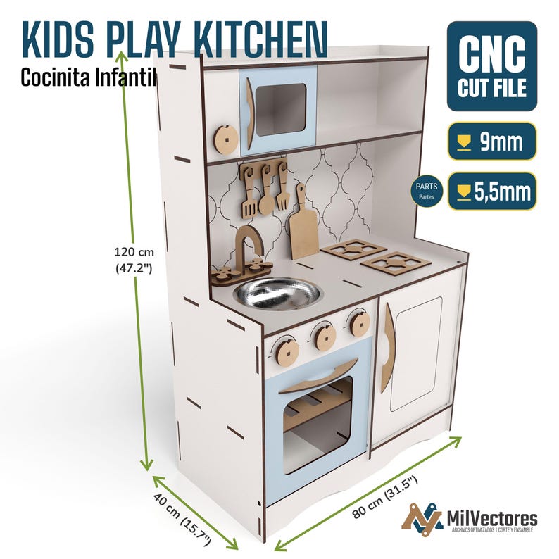 May include: A white and light blue kids play kitchen with a sink, stove, oven, and hanging utensils. The unit measures 120 cm (47.2 inches) high, 80 cm (31.5 inches) wide, and 40 cm (15.7 inches) deep. Text includes KIDS PLAY KITCHEN, CNC CUT FILE, 9mm, and 5.5mm.