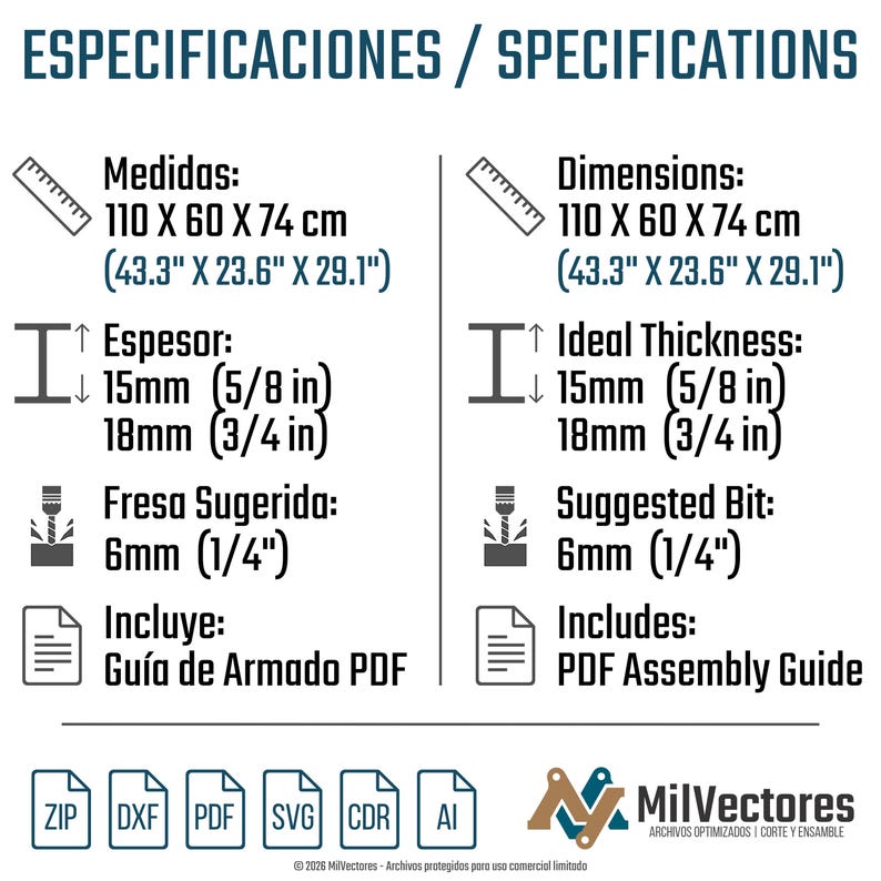 May include: A white graphic with black text detailing specifications, including dimensions of 43.3" x 23.6" x 29.1", ideal thickness of 5/8" and 3/4", and a suggested bit size of 1/4". Includes a PDF assembly guide.