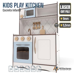 May include: A white and light blue wooden kids play kitchen laser cut file with a backsplash featuring a geometric pattern, three stove knobs, an oven, a cabinet, and hanging kitchen utensils. Text includes KIDS PLAY KITCHEN, LASER CUT FILE, 9mm, and 5.5mm.