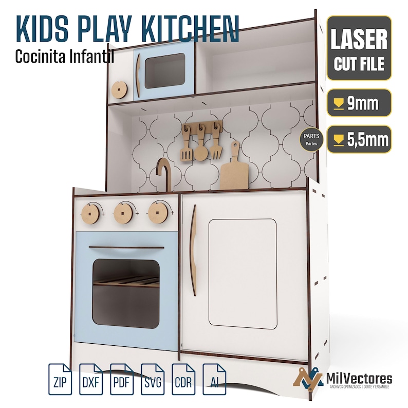 May include: A white and light blue wooden kids play kitchen laser cut file with a backsplash featuring a geometric pattern, three stove knobs, an oven, a cabinet, and hanging kitchen utensils. Text includes KIDS PLAY KITCHEN, LASER CUT FILE, 9mm, and 5.5mm.