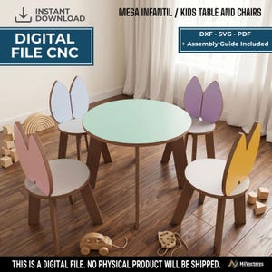 May include: A digital file for a round mint green kids table and four chairs with colorful bunny ear backrests in pink, light blue, purple, and yellow. The set includes DXF, SVG, and PDF formats with an assembly guide for CNC production.