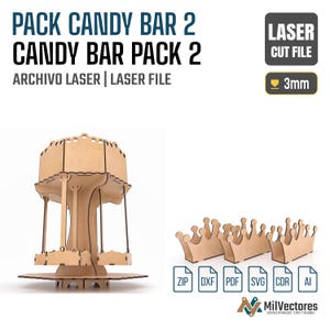 May include: A laser cut file for a wooden candy bar display stand and crown-shaped holders. The text reads PACK CANDY BAR 2, CANDY BAR PACK 2, ARCHIVO LASER, LASER FILE, and 3mm. Includes ZIP, DXF, PDF, SVG, CDR, and AI file format icons.