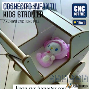 May include: A white wooden toy pram with brown edges designed for 12mm material thickness. The pram features a CNC cut file format and contains a small pink and white plush toy inside. Text on the image includes Kids Stroller and CNC Cut File.