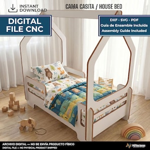 May include: A digital file for a house-shaped bed frame featuring a white and wood-toned structure. The design includes text reading "CAMA CASITA / HOUSE BED", "DIGITAL FILE CNC", and "DXF - SVG - PDF Guía de Ensamble Incluida Assembly Guide Included".