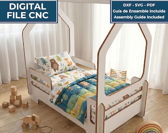 Letto Montessori a forma di casetta | Letto a pavimento per bambini con tetto a baldacchino | File DXF SVG per fresatrice CNC