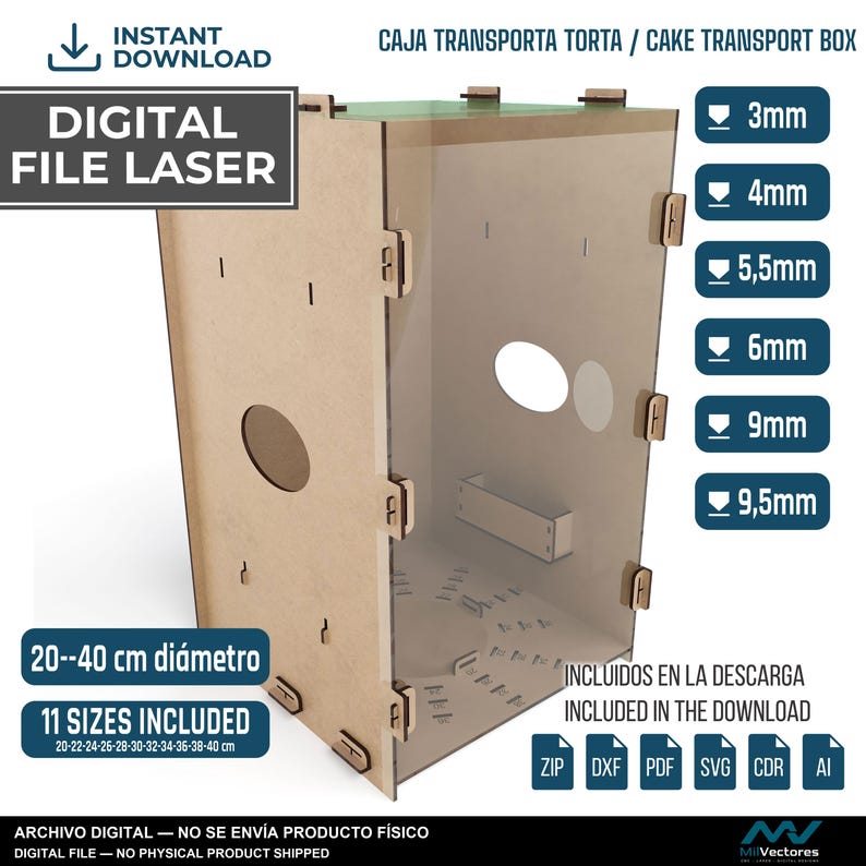 May include: A digital laser cut file for a cake transport box, featuring a light brown wooden structure with interlocking tabs, oval side cutouts, and a circular base. The design includes 11 sizes from 20 to 40 cm in diameter and supports material thicknesses from 3mm to 9.5mm. Text includes CAJA TRANSPORTA TORTA, CAKE TRANSPORT BOX, and DIGITAL FILE LASER.