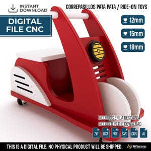 May include: A red and white wooden ride-on toy with a scooter-like design, featuring a white seat, a circular yellow and black headlight detail, and text indicating digital CNC files for 12mm, 15mm, and 18mm material thicknesses are included.