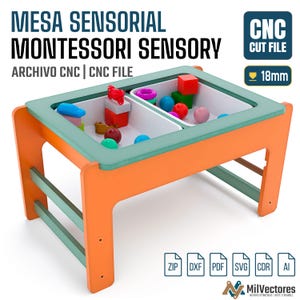 May include: A Montessori sensory table with an orange frame and a green top featuring two white rectangular bins filled with colorful plastic blocks and spheres. The text MESA SENSORIAL MONTESSORI SENSORY CNC CUT FILE 18mm is visible along with file format icons.