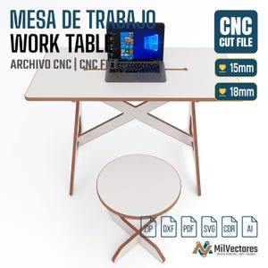 May include: A white work table and matching round stool with brown accents. The table has a slot for a laptop, which is placed on top. The text on the image says "WORK TABLE" and "CNC CUT FILE". The table is available in 15mm and 18mm thicknesses.