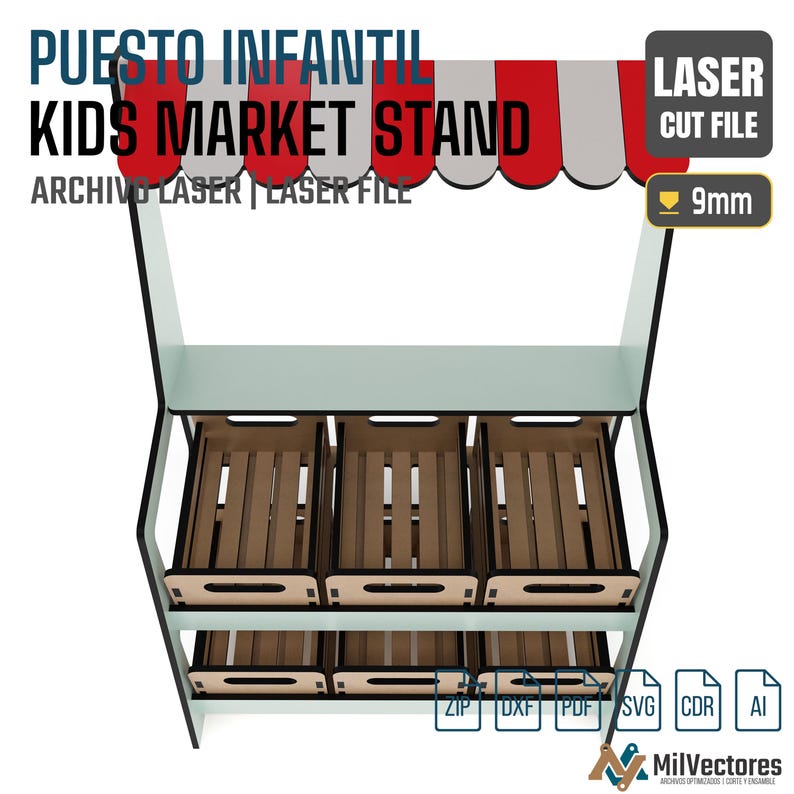May include: A digital design for a kids market stand featuring a red and white striped awning, two shelves, and six wooden crates. The text reads PUESTO INFANTIL, KIDS MARKET STAND, ARCHIVO LASER, LASER FILE, and 9mm. Includes ZIP, DXF, PDF, SVG, CDR, and AI file formats.