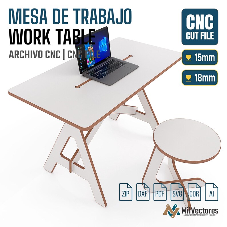 May include: A white work table and matching stool with a laptop on top. The table and stool have a light brown trim. The image includes the text "WORK TABLE" and "CNC CUT FILE". The table is designed for 15mm and 18mm materials.