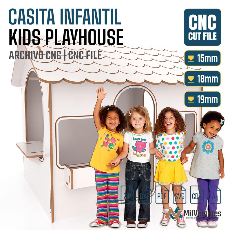 May include: A white wooden kids playhouse with a scalloped roof design, featuring cutouts for windows and a door. The image includes text reading CASITA INFANTIL KIDS PLAYHOUSE, CNC CUT FILE, and icons indicating material thicknesses of 15mm, 18mm, and 19mm.