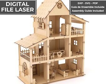 Può includere: Un file digitale di una casa delle bambole in legno a tre piani con pannelli tagliati al laser, balconi e mobili in miniatura. Il design include etichette di testo per i formati DXF, SVG e PDF, una guida all'assemblaggio e la scritta CASITA DE MUÑECAS.