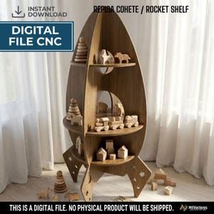May include: A brown wooden rocket-shaped shelf with multiple tiers, featuring cutouts of stars and moons. The shelf displays various wooden toys, including a train, blocks, and stacking rings. Text reads: INSTANT DOWNLOAD DIGITAL FILE CNC.