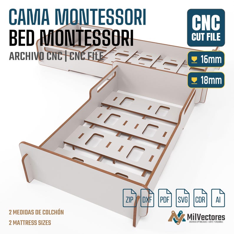 K&ouml;nnte beinhalten: Eine wei&szlig;e Montessori-Bettrahmen CNC-Schnittdatei mit braunen Kanten. Das Bild zeigt Text wie CAMA MONTESSORI, BED MONTESSORI, CNC CUT FILE, 16mm, 18mm, 2 MATTRESS SIZES sowie Dateiformate ZIP, DXF, PDF, SVG, CDR, AI und das MilVectores-Logo.