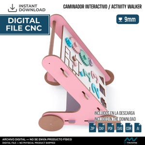 May include: A digital CNC file for a pink and white activity walker featuring interactive gears, a maze, and numbers. The design is intended for 9mm material. The image includes text: INSTANT DOWNLOAD, DIGITAL FILE CNC, 9mm, and INCLUDED IN THE DOWNLOAD.