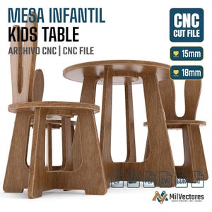 K&ouml;nnte beinhalten: Ein Kindertisch aus Holz und zwei St&uuml;hle mit R&uuml;ckenlehnen in Hasenohrform. Der Text lautet MESA INFANTIL KIDS TABLE, ARCHIVO CNC | CNC FILE, CNC CUT FILE, 15mm und 18mm. Das Design ist f&uuml;r CNC-Fr&auml;sen gedacht, mit rundem Tisch und St&uuml;hlen.