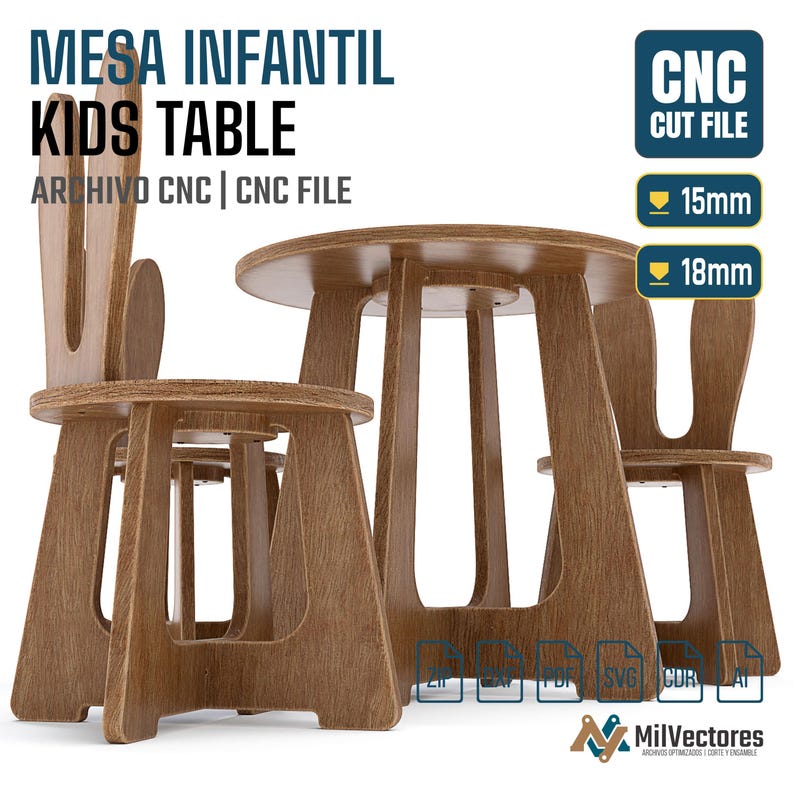 K&ouml;nnte beinhalten: Ein Kindertisch aus Holz und zwei St&uuml;hle mit R&uuml;ckenlehnen in Hasenohrform. Der Text lautet MESA INFANTIL KIDS TABLE, ARCHIVO CNC | CNC FILE, CNC CUT FILE, 15mm und 18mm. Das Design ist f&uuml;r CNC-Fr&auml;sen gedacht, mit rundem Tisch und St&uuml;hlen.