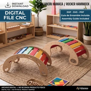 May include: Two wooden rocker hammocks featuring arched side panels and colorful slats in blue, green, red, and yellow. The image includes text: INSTANT DOWNLOAD, DIGITAL FILE CNC, BALANCÍN HAMACA / ROCKER HAMMOCK, DXF - SVG - PDF, Assembly Guide Included.