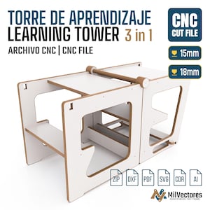 May include: A 3-in-1 learning tower CNC cut file featuring white panels with brown edges. The design includes text labels for 15mm and 18mm material thickness, along with file format icons for ZIP, DXF, PDF, SVG, CDR, and AI. The MilVectores logo is visible.