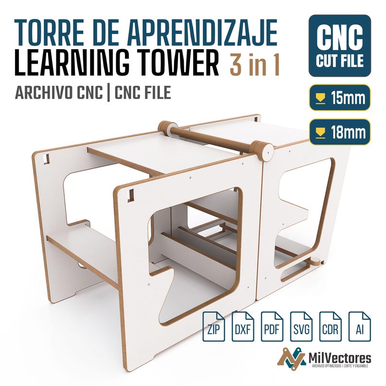 May include: A 3-in-1 learning tower CNC cut file featuring white panels with brown edges. The design includes text labels for 15mm and 18mm material thickness, along with file format icons for ZIP, DXF, PDF, SVG, CDR, and AI. The MilVectores logo is visible.