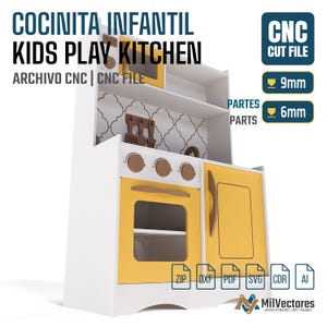 May include: A white and yellow play kitchen CNC cut file featuring a microwave, oven, and cabinet. The design includes a patterned backsplash, three circular knobs, and hanging utensils. Text includes CNC CUT FILE, 9mm, 6mm, and file formats.