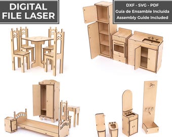 May include: A collection of laser-cut wooden doll furniture including a dining set with four chairs, a kitchen unit with stove and sink, a bedroom set with bed and wardrobe, and bathroom fixtures. Text includes DIGITAL FILE LASER and ASSEMBLY GUIDE.