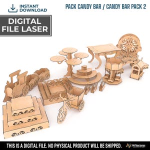 May include: A collection of laser-cut wooden display pieces including a train, a tiered cupcake stand, a table, a carousel, a bridge, a bicycle cart, and square boxes. The text reads PACK CANDY BAR / CANDY BAR PACK 2, DIGITAL FILE LASER.