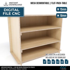 May include: A digital CNC file for a flat-pack table, featuring a light wood grain finish with three horizontal shelves. The design includes text labels for 15mm and 18mm material thickness, along with icons for ZIP, DXF, PDF, SVG, CDR, and AI file formats.