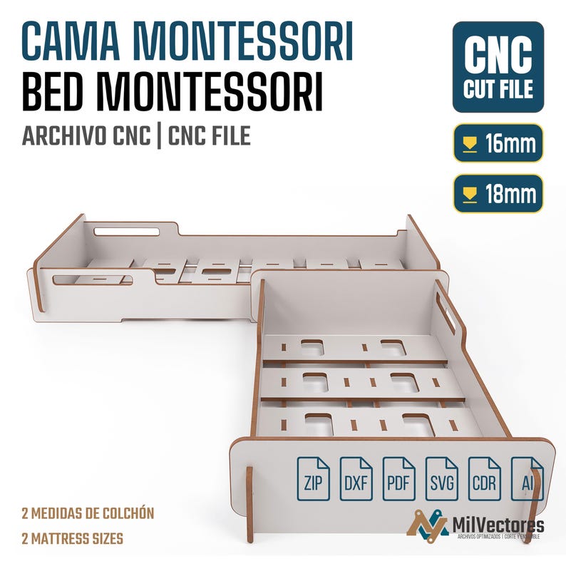 K&ouml;nnte beinhalten: Eine digitale CNC-Schnittdatei f&uuml;r ein Montessori-Bett mit wei&szlig;en Paneelen und braunen Kanten. Das Bild zeigt den Text CAMA MONTESSORI BED MONTESSORI, CNC CUT FILE, 16mm, 18mm, 2 MATTRESS SIZES sowie die Dateiformate ZIP, DXF, PDF, SVG, CDR, AI.