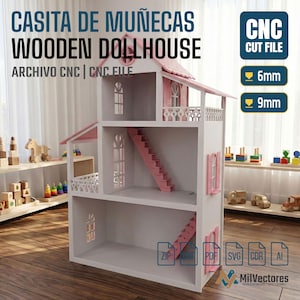 Casa de muñecas para Router Wooden dollhouse vector file, dollhouse, cdr dxf svg pdf ai files, Proyecto casa de muñecas para CNC file cnc
