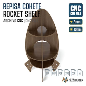 May include: A dark brown wooden rocket-shaped shelf with three circular tiers and star-shaped cutouts on the base fins. The image includes text labels for CNC cut files, specifying compatibility for 9mm and 10mm material thicknesses.