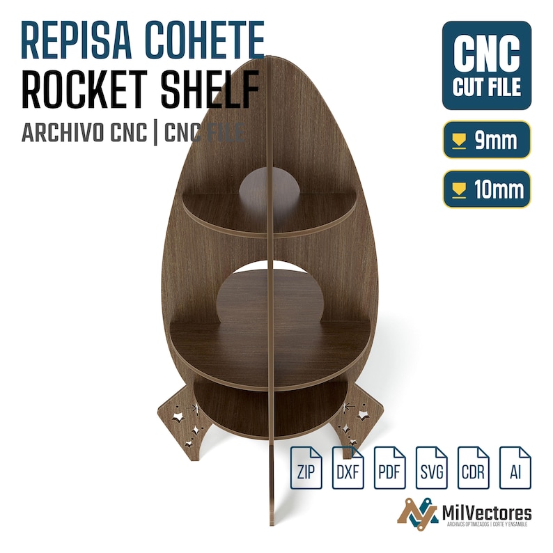 May include: A dark brown wooden rocket-shaped shelf with three circular tiers and star-shaped cutouts on the base fins. The image includes text labels for CNC cut files, specifying compatibility for 9mm and 10mm material thicknesses.