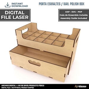 May include: A digital laser cut file for a light brown wooden nail polish organizer box. The design features a top section with multiple square compartments and a bottom drawer with a handle cutout. Text includes PORTA ESMALTES / NAIL POLISH BOX.