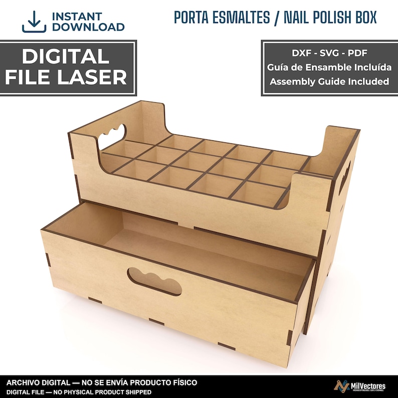 May include: A digital laser cut file for a light brown wooden nail polish organizer box. The design features a top section with multiple square compartments and a bottom drawer with a handle cutout. Text includes PORTA ESMALTES / NAIL POLISH BOX.