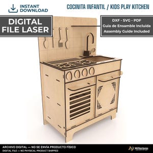 May include: A digital laser cut file for a wooden kids play kitchen featuring a stovetop, sink, tap, oven, and cabinet. The design includes hanging kitchen utensils, four knobs, and decorative patterns. Text includes DIGITAL FILE LASER.